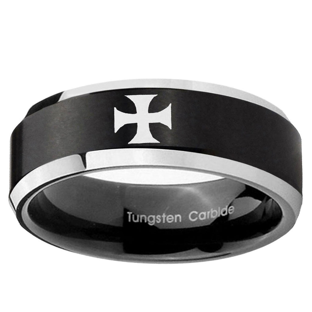 5MM Maltese Cross Beveled Two Tone Black Tungsten Ring Men