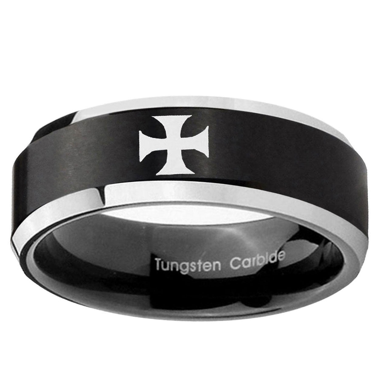 5MM Maltese Cross Beveled Two Tone Black Tungsten Ring Men