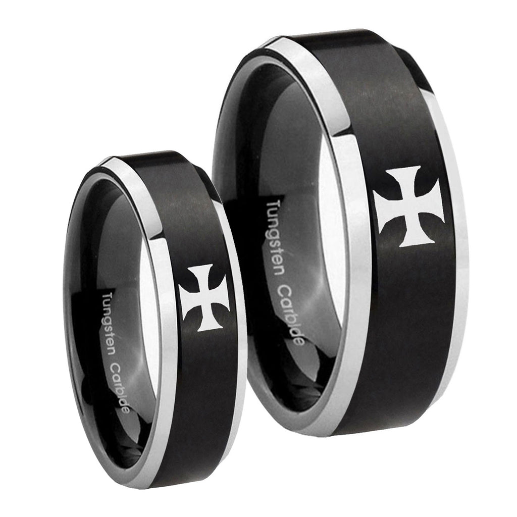 Maltese Cross Beveled Brush Black 2 Tone Tungsten Couple Wedding Bands
