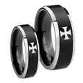 Maltese Cross Beveled Brush Black 2 Tone Tungsten Couple Wedding Bands