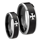 His Hers Maltese Cross Beveled Brush Black 2 Tone Tungsten Mens Band Set