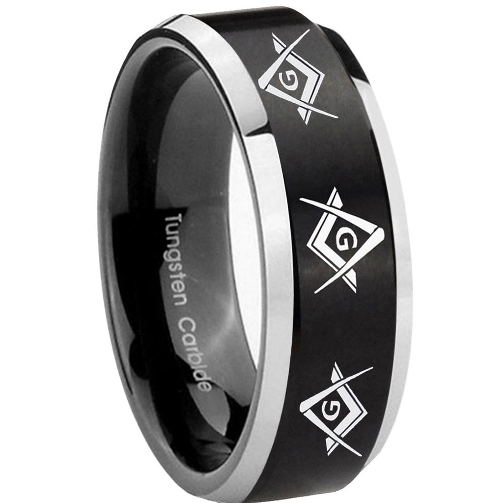 10mm Master Mason Masonic Beveled Brush Black 2 Tone Tungsten Mens Wedding Band
