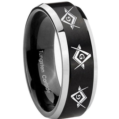 10mm Master Mason Masonic Beveled Brush Black 2 Tone Tungsten Mens Wedding Band