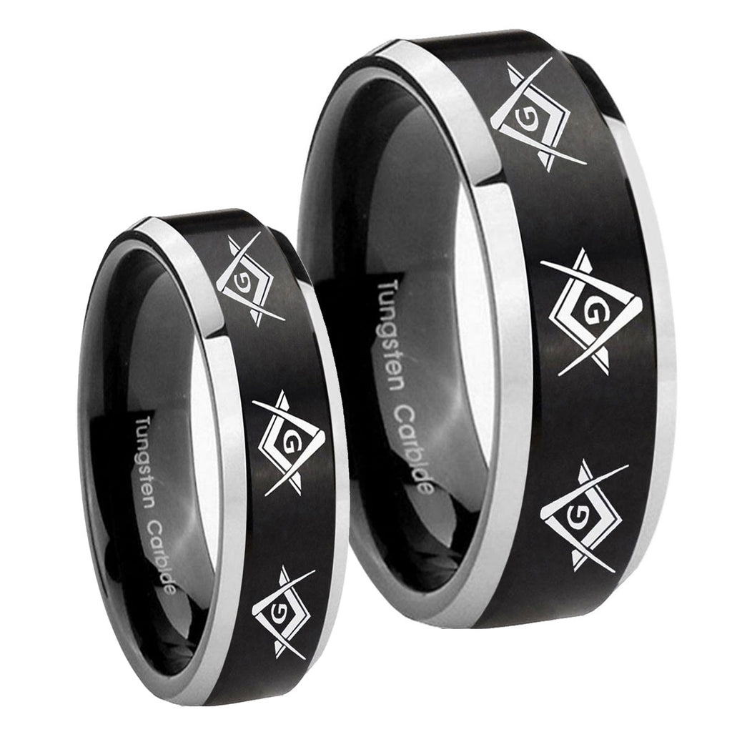 Master Mason Masonic Beveled Brush Black 2 Tone Tungsten Mens Ring Set