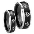 Master Mason Masonic Beveled Brush Black 2 Tone Tungsten Mens Ring Set