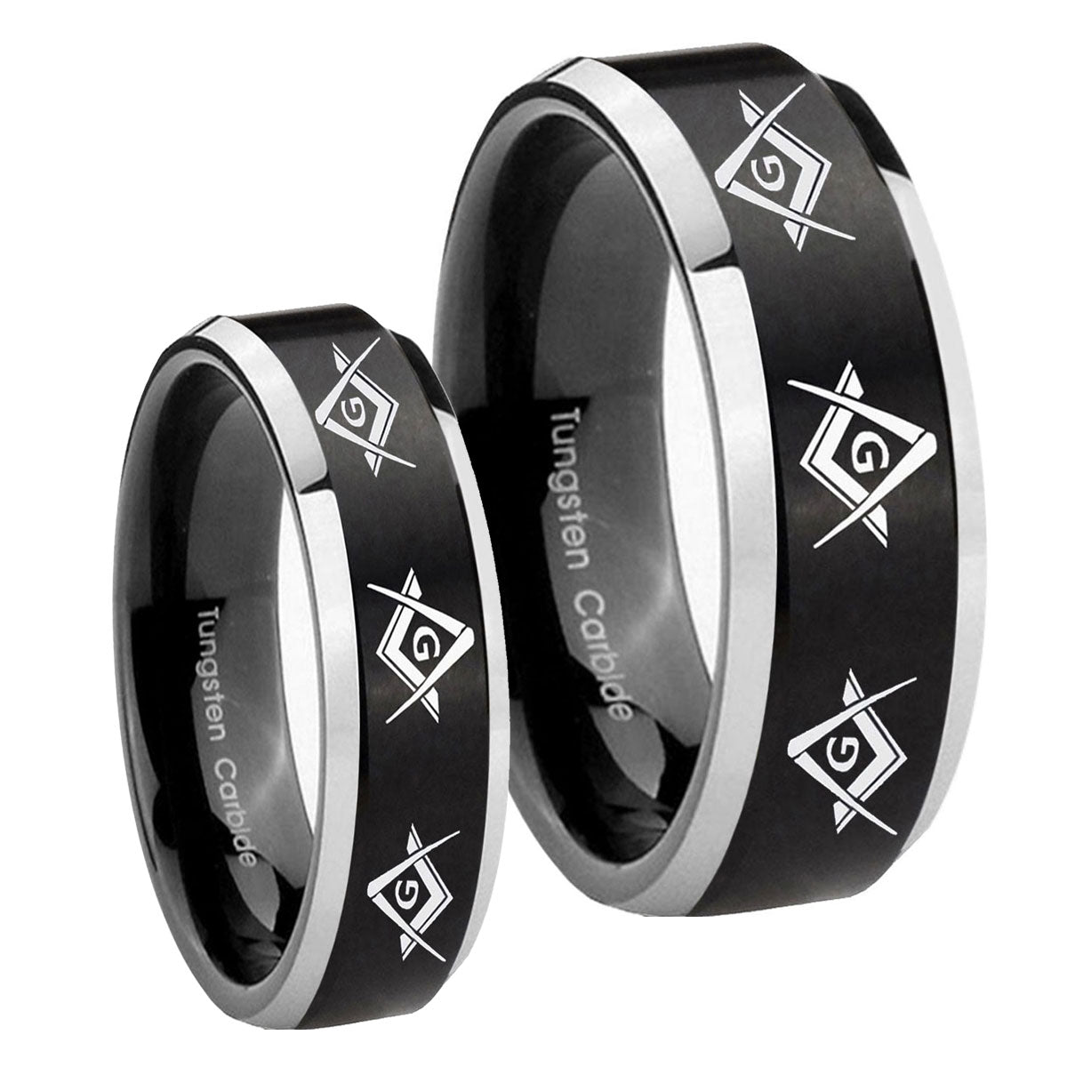 Master Mason Masonic Beveled Brush Black 2 Tone Tungsten Mens Ring Set
