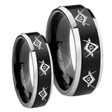 His Hers Master Mason Masonic  Beveled Brush Black 2 Tone Tungsten Men's Band Set