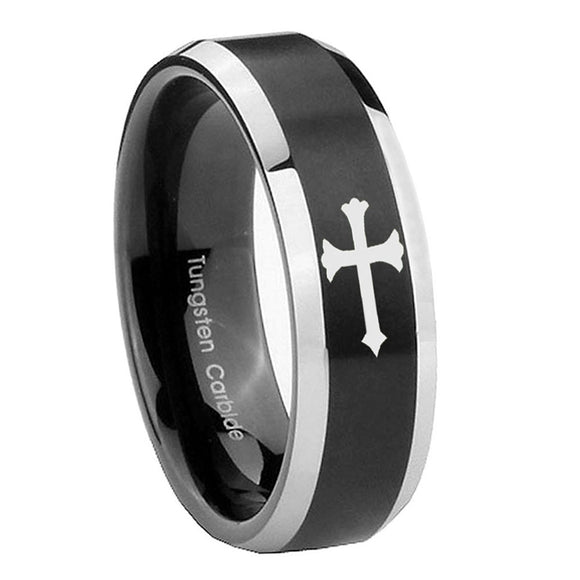 8mm-Christian-Cross-Beveled-Brush-Black-2-Tone-Tungsten-Wedding-Bands-Ring