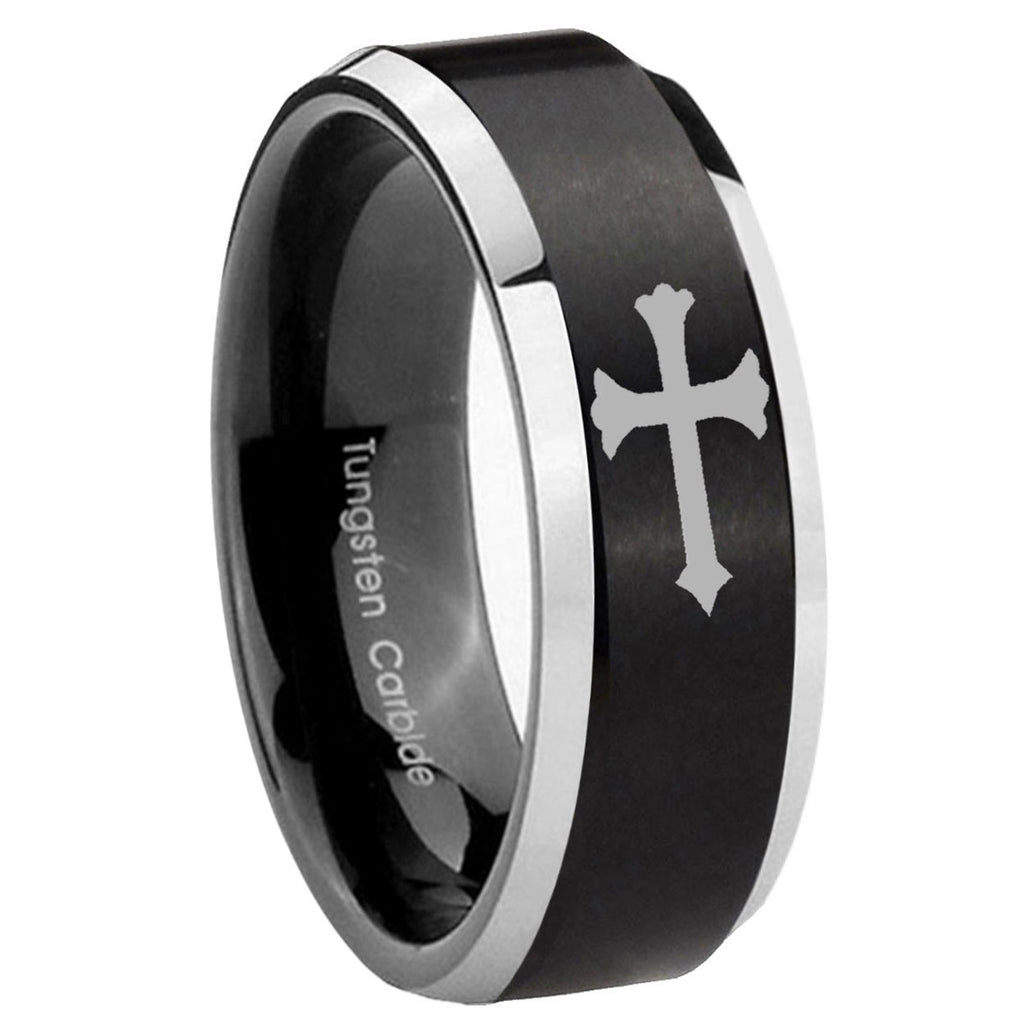 8MM Christian Cross Beveled Two Tone Black Tungsten Promise Ring For Men