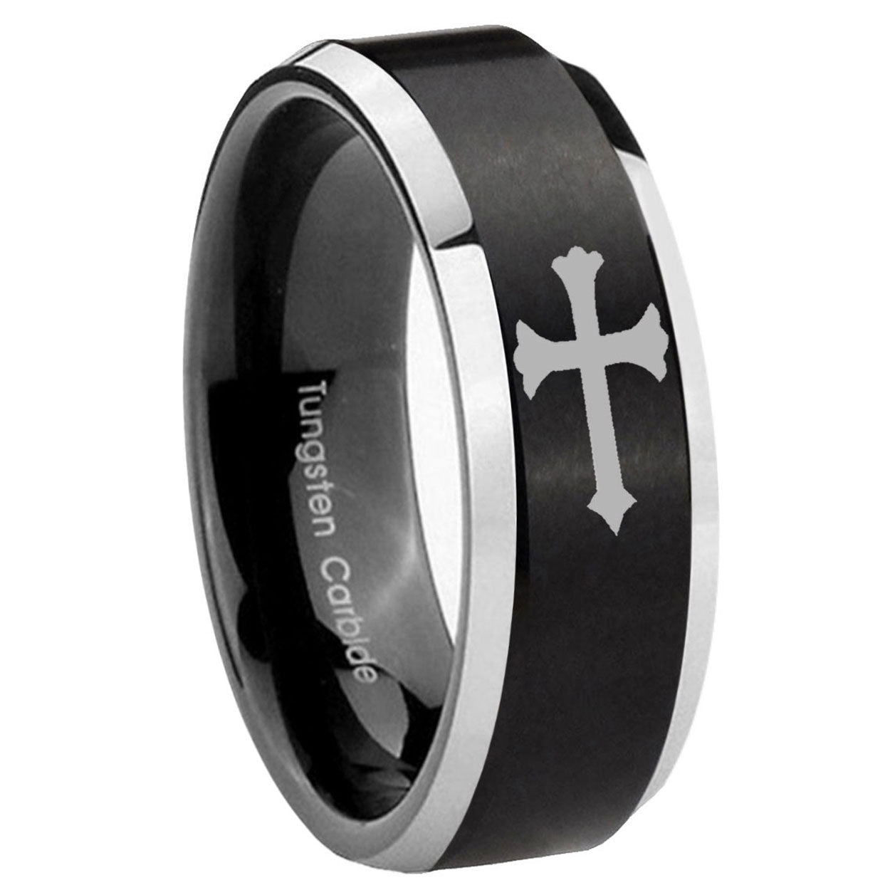8MM Christian Cross Beveled Two Tone Black Tungsten Promise Ring For Men