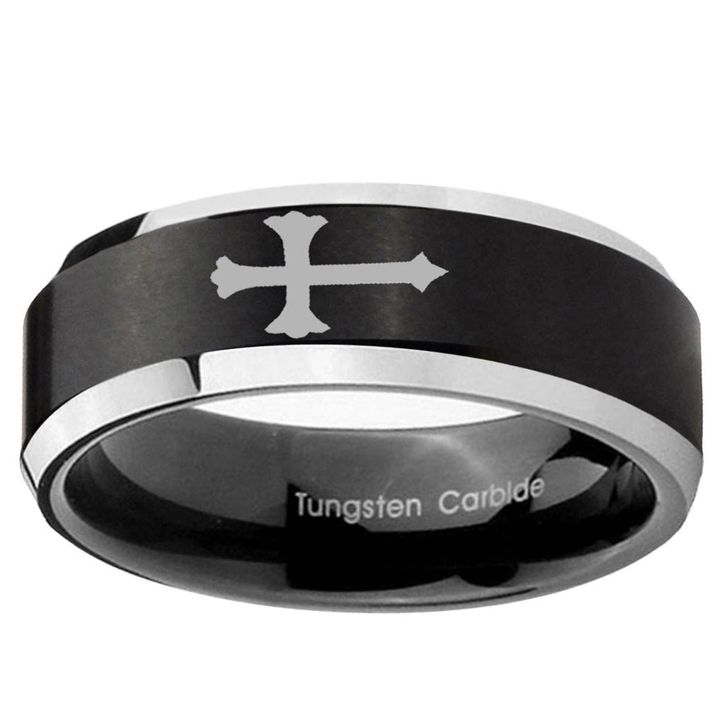 5MM Christian Cross Beveled Two Tone Black Tungsten Promise Ring For Men