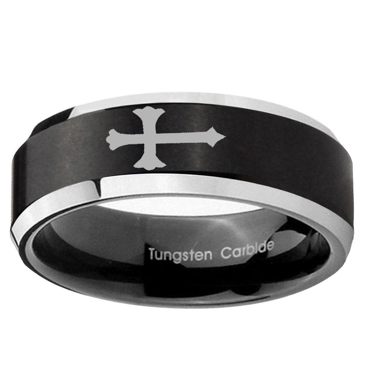 5MM Christian Cross Beveled Two Tone Black Tungsten Promise Ring For Men