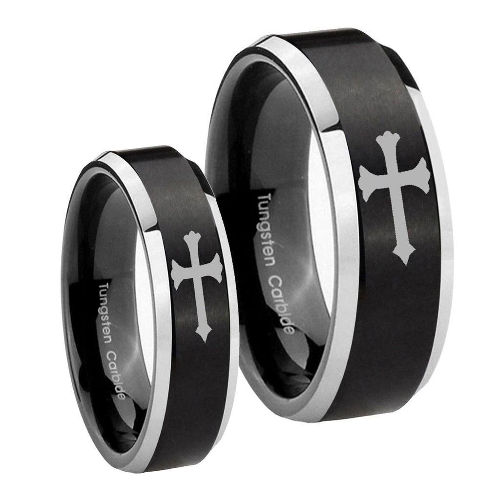 Christian Cross Beveled Brush Black 2 Tone Tungsten Bridal Band Set