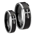 Christian Cross Beveled Brush Black 2 Tone Tungsten Bridal Band Set