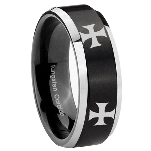 10mm 4 Maltese Cross Beveled Brush Black 2 Tone Tungsten Anniversary Ring
