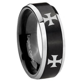8mm 4 Maltese Cross Beveled Edges Brush Black 2 Tone Tungsten Mens Bands Ring