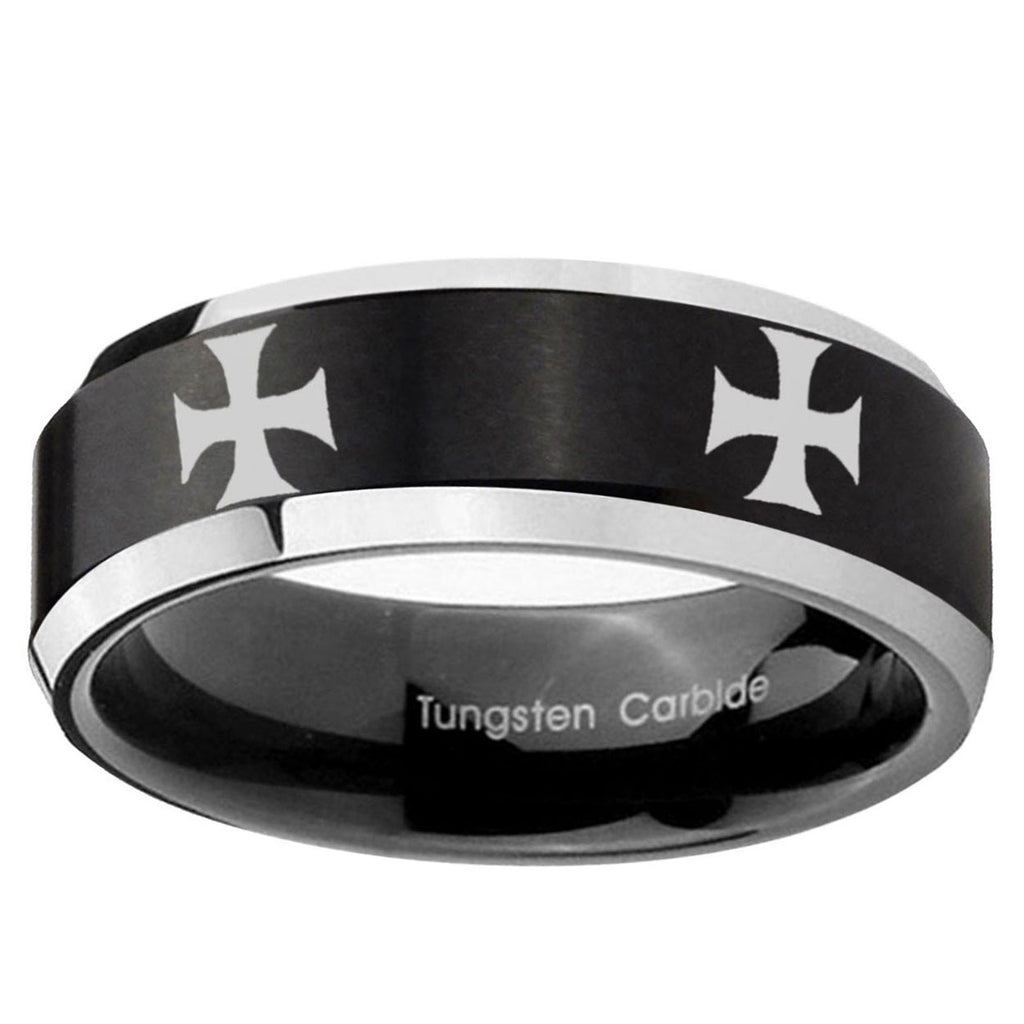 10mm 4 Maltese Cross Beveled Brush Black 2 Tone Tungsten Ring