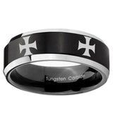 5, 8mm 4 Maltese Cross Beveled Edge Brush Black 2 ToneTungsten Ring