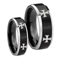 4 Maltese Cross Beveled Brush Black 2 Tone Tungsten His and Hers