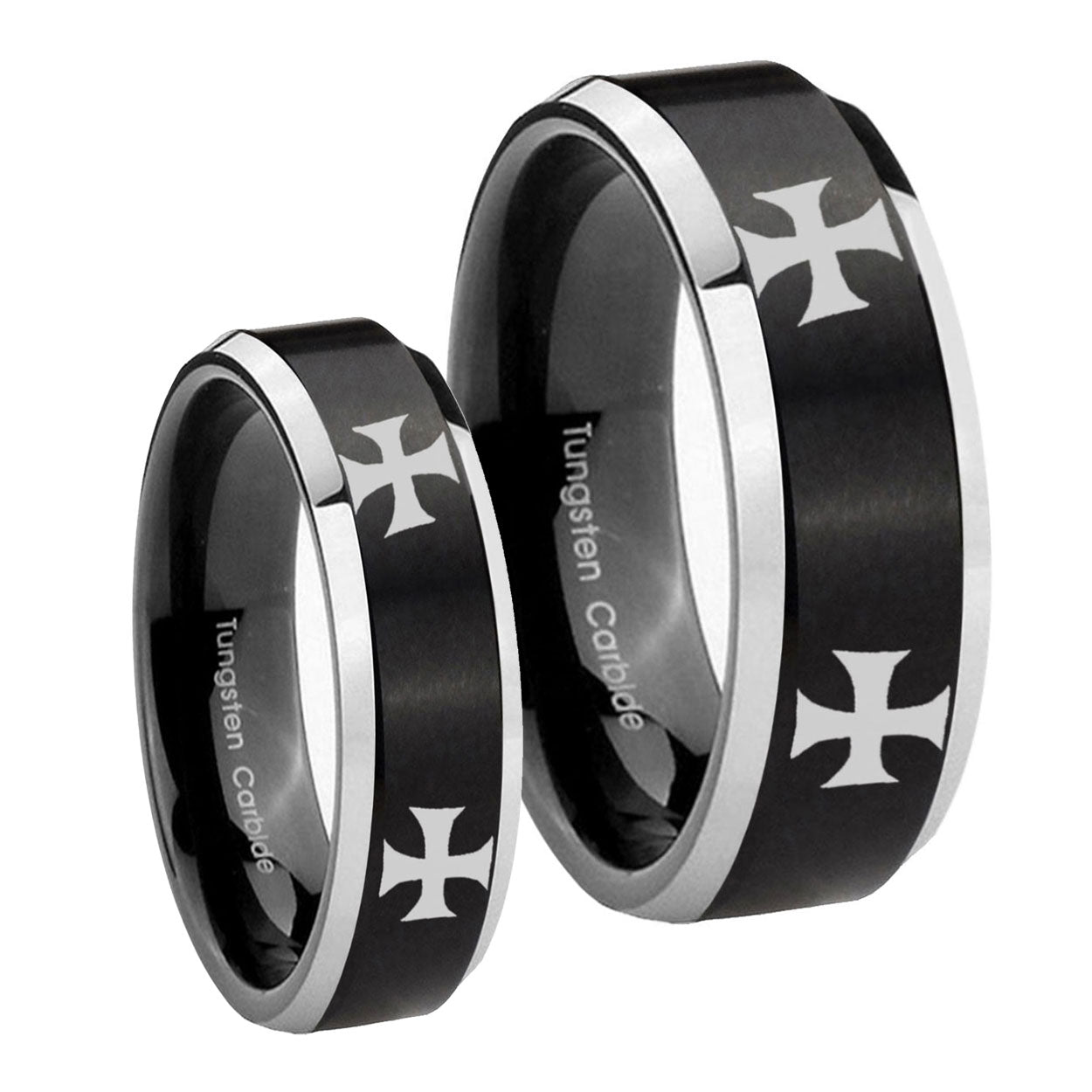 4 Maltese Cross Beveled Brush Black 2 Tone Tungsten His and Hers