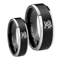 Kanji Love Beveled Brush Black 2 Tone Tungsten Wedding Set Ring