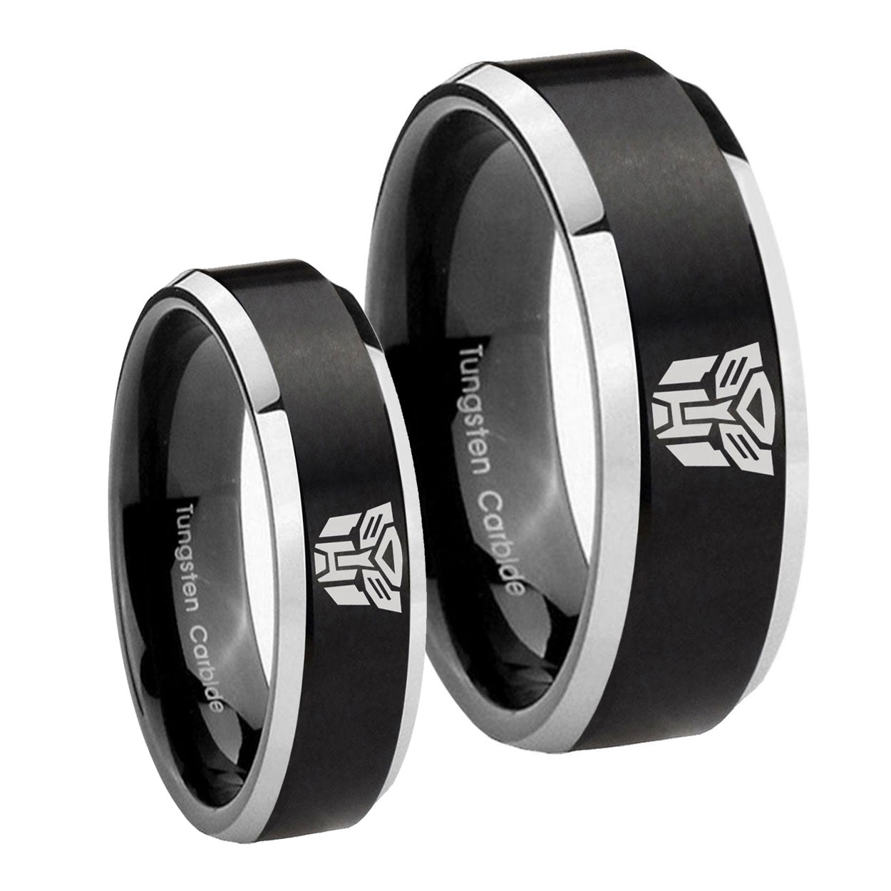 Transformers Autobot Beveled Brush Black 2 Tone Tungsten Mens Ring Set