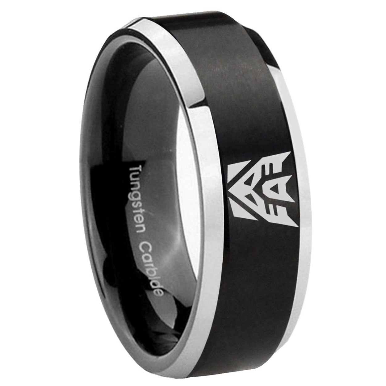 8MM Decepticon Transformers Beveled Two Tone Black Tungsten Promise Ring