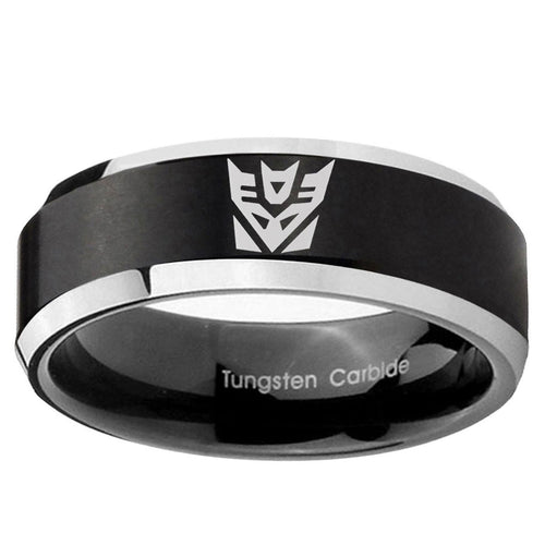 10mm Decepticon Transformers Beveled Brush Black 2 Tone Tungsten Men's Ring