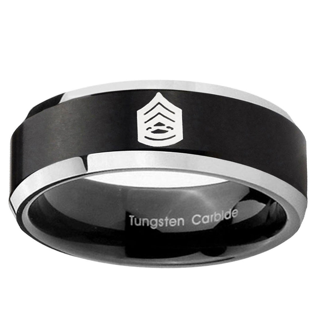 10mm Army Sergeant Major Beveled Brush Black 2 Tone Tungsten Mens Wedding Band