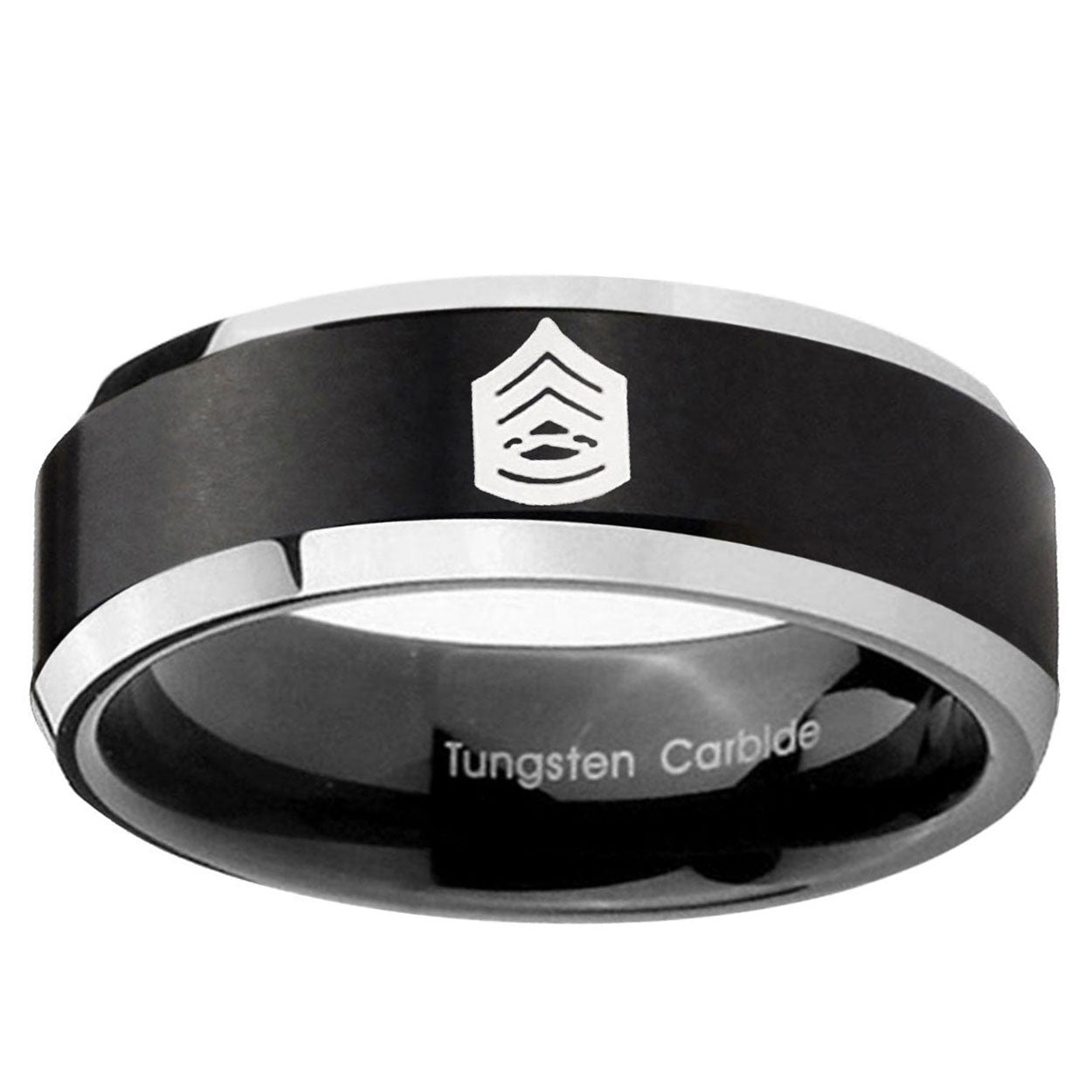 10mm Army Sergeant Major Beveled Brush Black 2 Tone Tungsten Mens Wedding Band