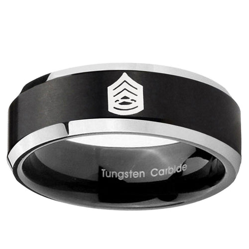 10mm Army Sergeant Major Beveled Brush Black 2 Tone Tungsten Mens Wedding Band