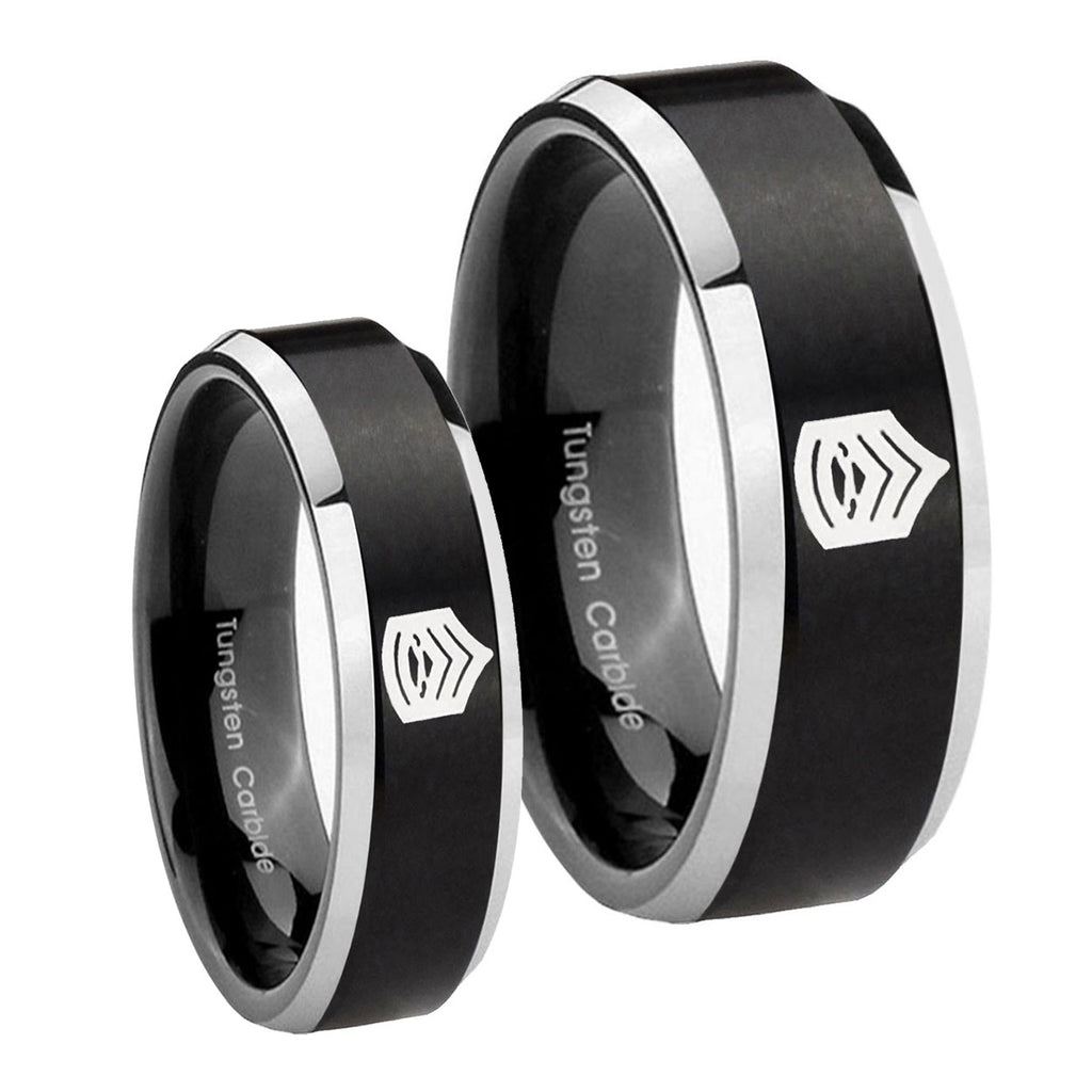 Army Sergeant Major Beveled Brush Black 2 Tone Tungsten Bridal Set Rings