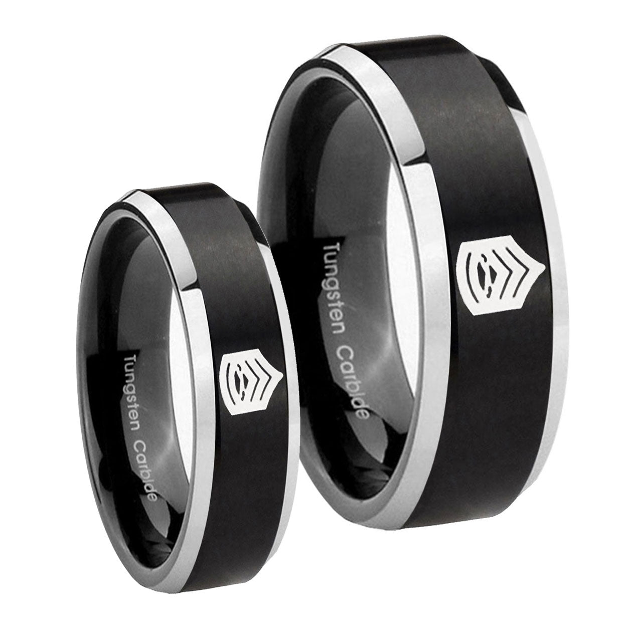 Army Sergeant Major Beveled Brush Black 2 Tone Tungsten Bridal Set Rings