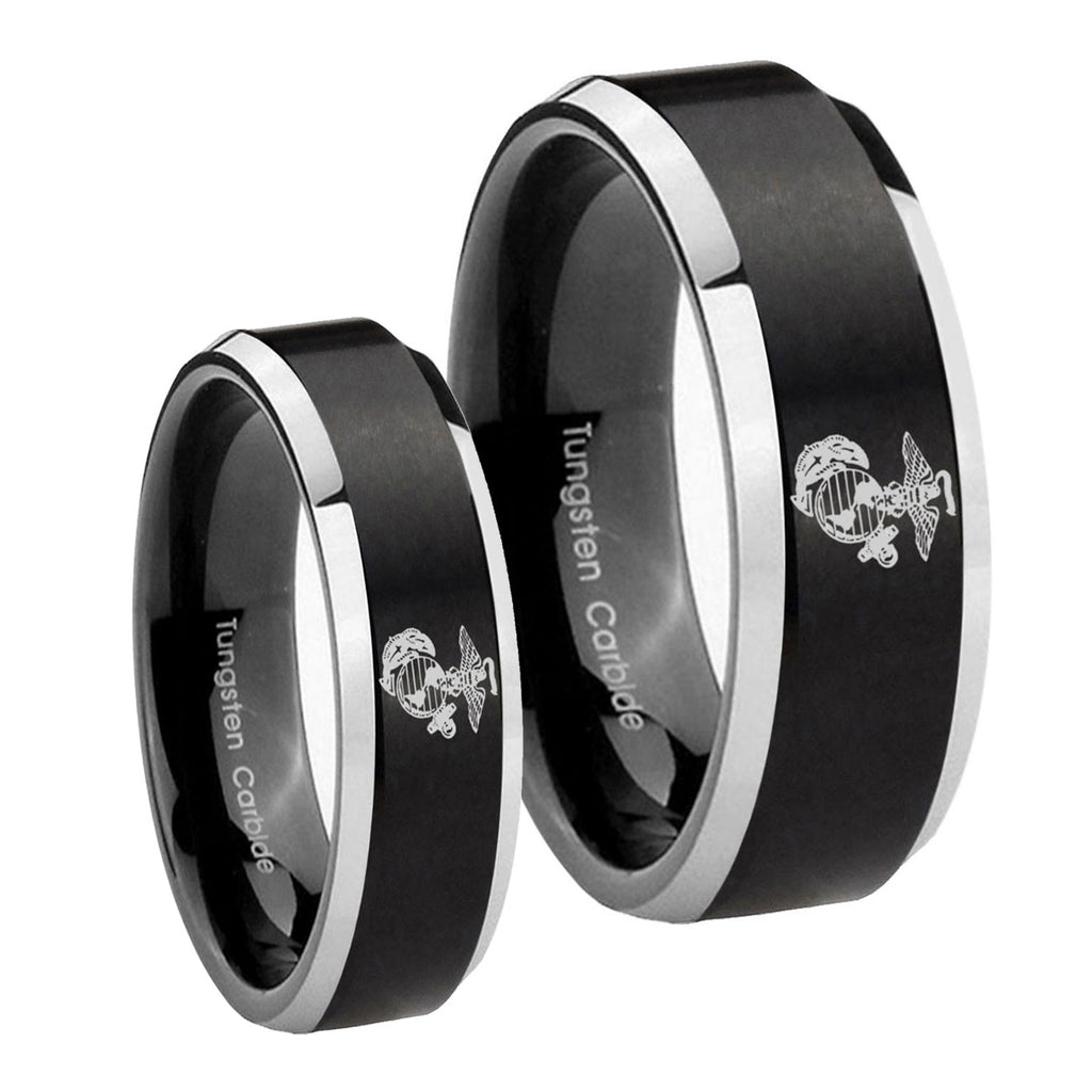 Marine Beveled Edges Brush Black 2 Tone Tungsten Mens Set Rings