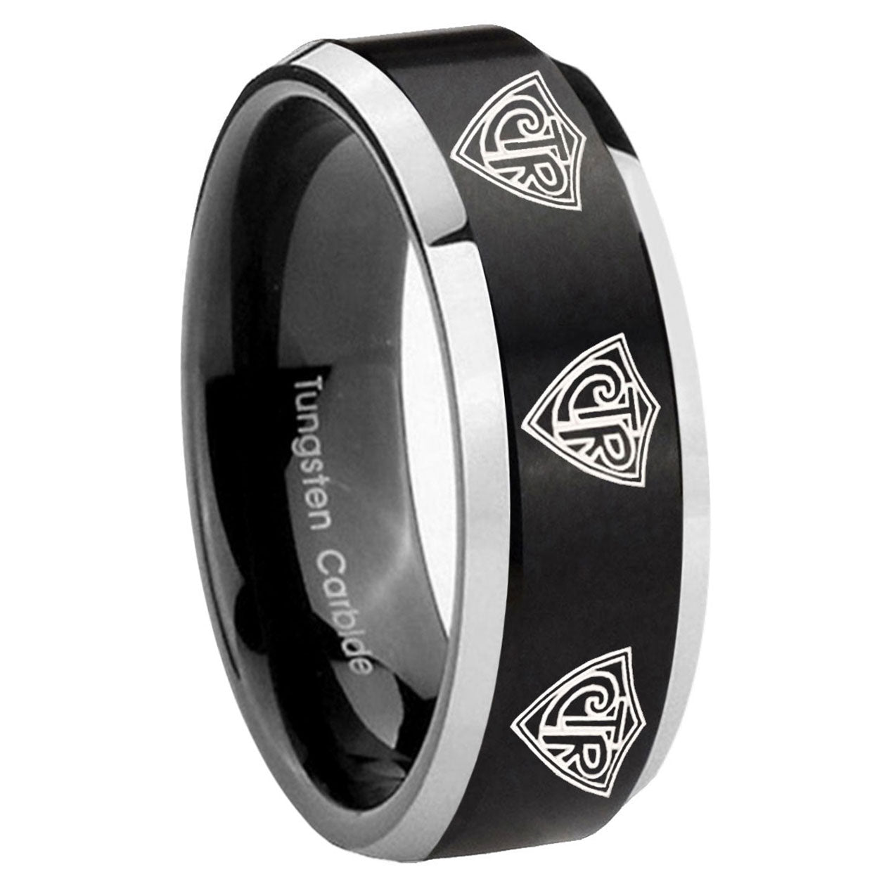 10mm Multiple CTR Beveled Edges Brush Black 2 Tone Tungsten Personalized Ring