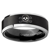 5, 8mm Skull Beveled Edge Brush Black 2 Tone Tungsten Ring