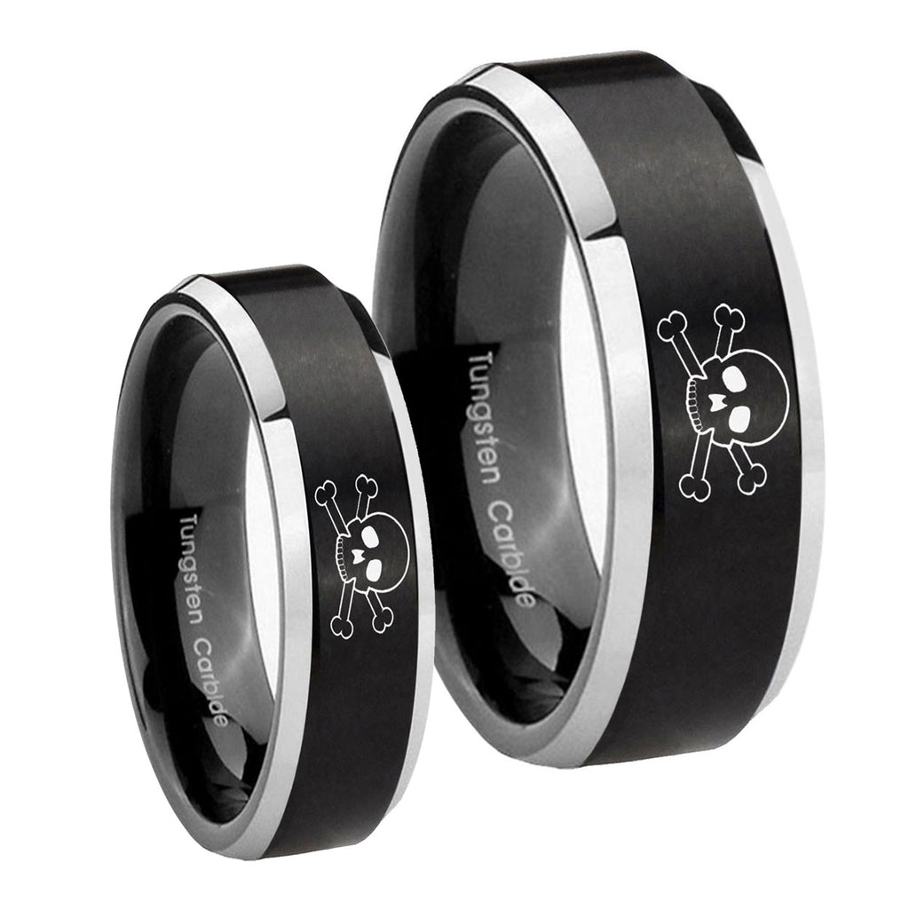 Skull Beveled Brush Black 2 Tone Tungsten His And Hers Ring