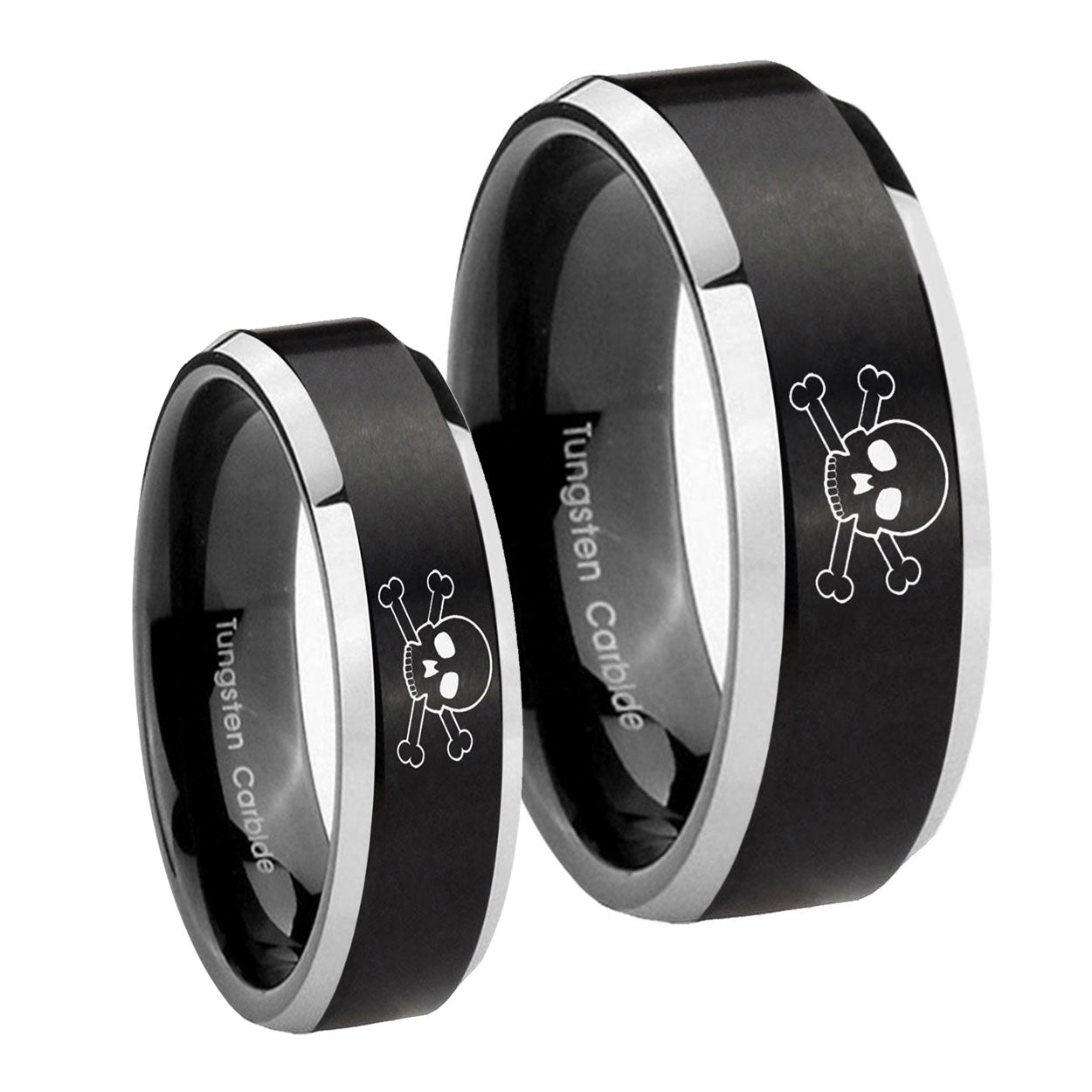 Skull Beveled Brush Black 2 Tone Tungsten His And Hers Ring