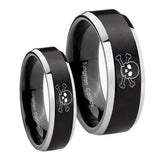 His Hers Skull Beveled Brush Black 2 Tone Tungsten Wedding Engagement Ring Set