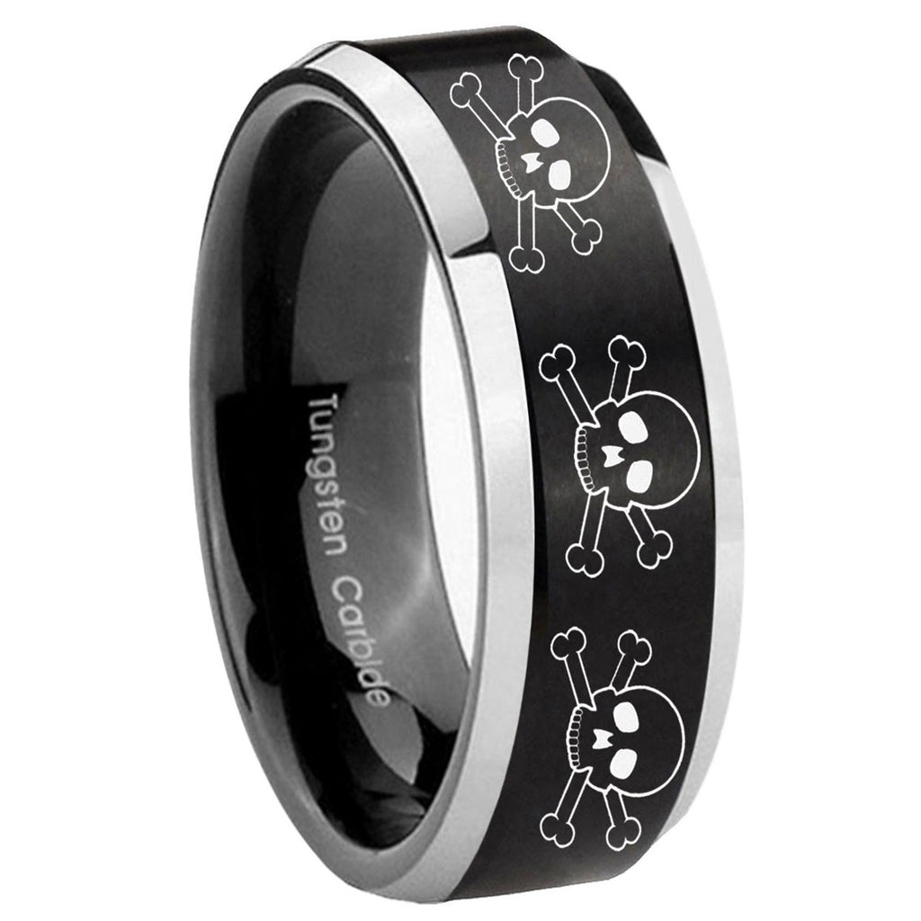 8MM Multiple Skull Beveled Two Tone Black Tungsten Comfort Fit Ring