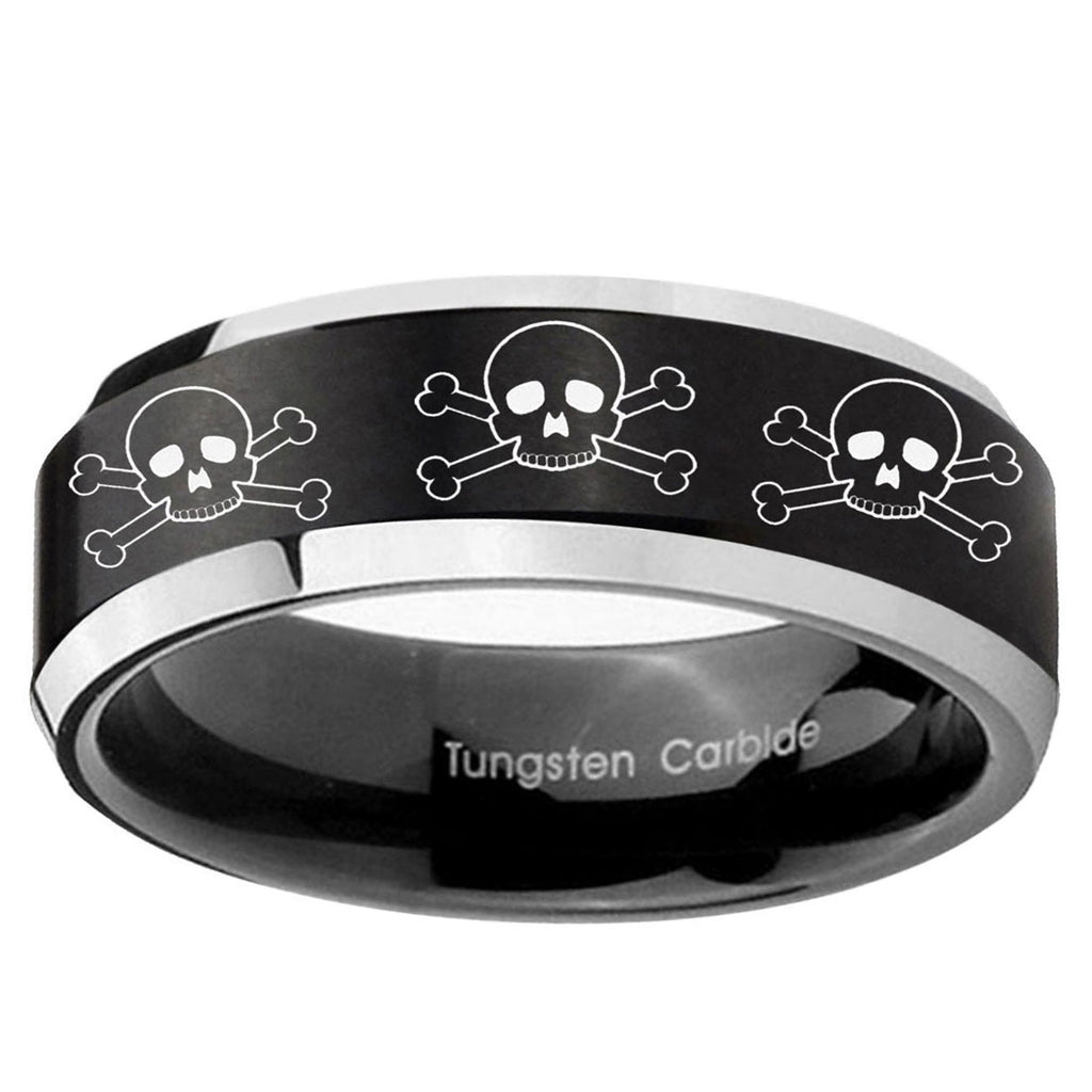 5MM Multiple Skull Beveled Two Tone Black Tungsten Comfort Fit Ring