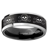 10mm Multiple Skull Beveled Edge Brush Black 2 ToneTungsten Ring