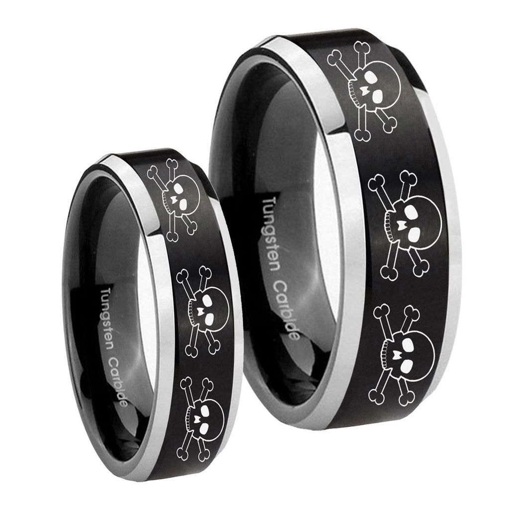 Multiple Skull Beveled Brush Black 2 Tone Tungsten Wedding Ring Sets