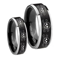 Multiple Skull Beveled Brush Black 2 Tone Tungsten Wedding Ring Sets