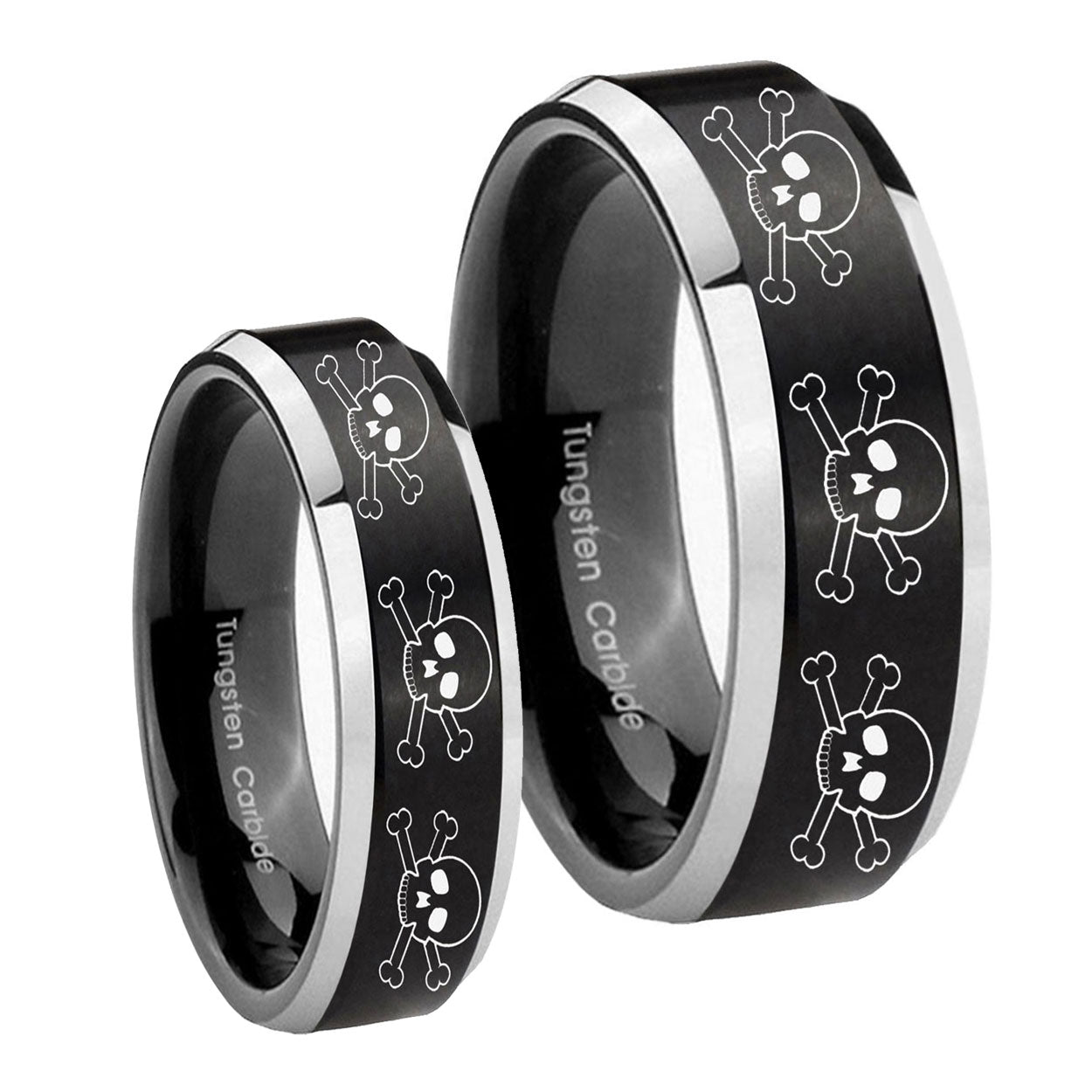 Multiple Skull Beveled Brush Black 2 Tone Tungsten Wedding Ring Sets