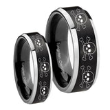His Hers Multiple Skull Beveled Brush Black 2 Tone Tungsten Engraving Ring Set