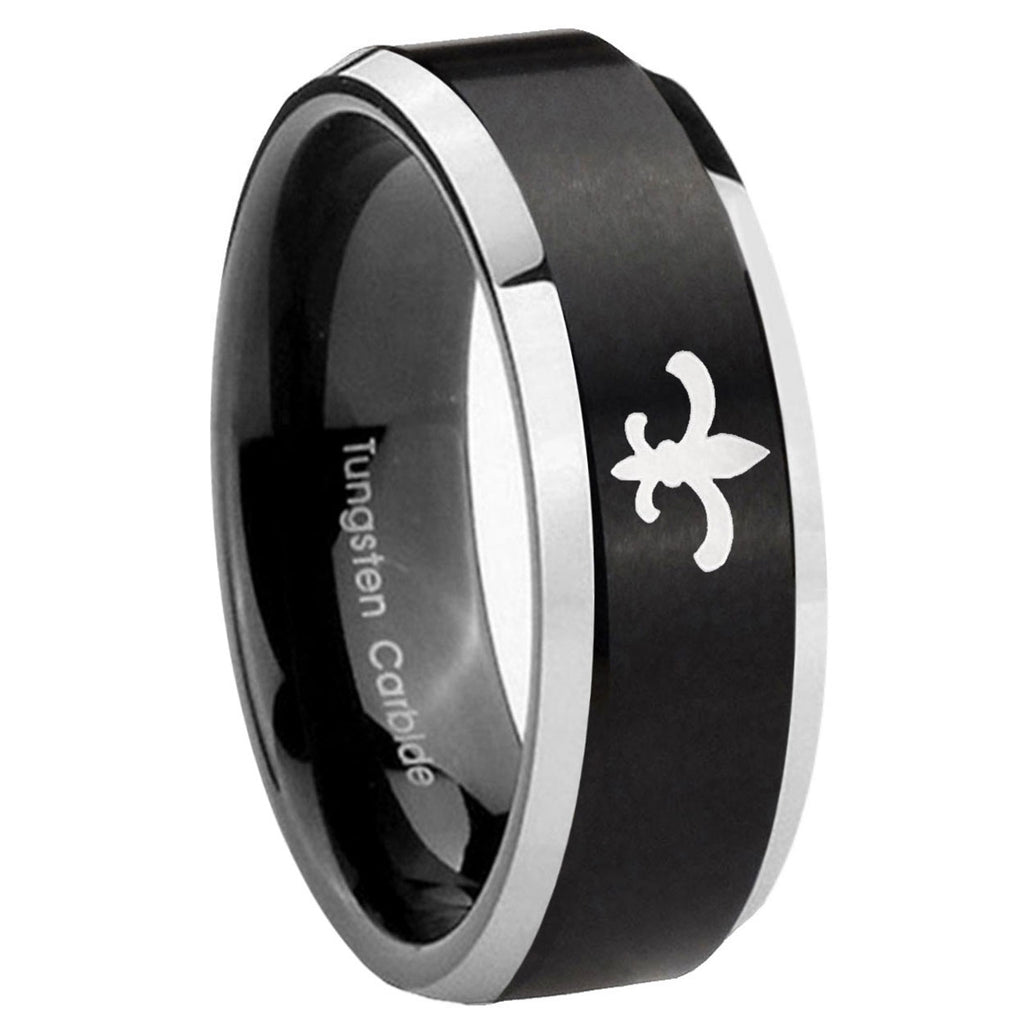 10mm Fleur Delis Beveled Edges Brush Black 2 Tone Tungsten Rings for Men