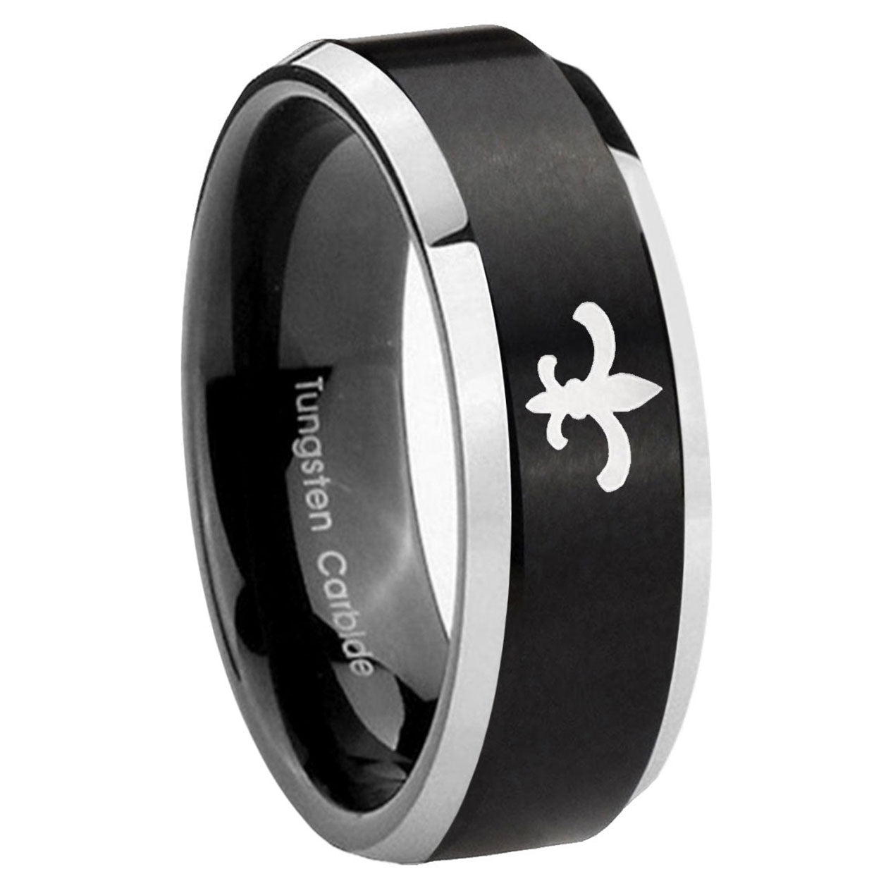 10mm Fleur Delis Beveled Edges Brush Black 2 Tone Tungsten Rings for Men