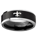 10mm Fleur-De-Lis Beveled Edge Brush Black 2 Tone Tungsten Rings for Men