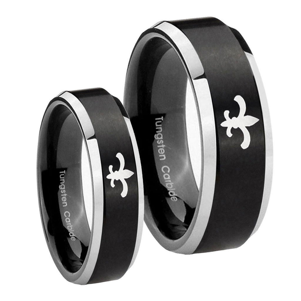 Fleur De Lis Beveled Edges Brush Black 2 Tone Tungsten His Hers Set Rings